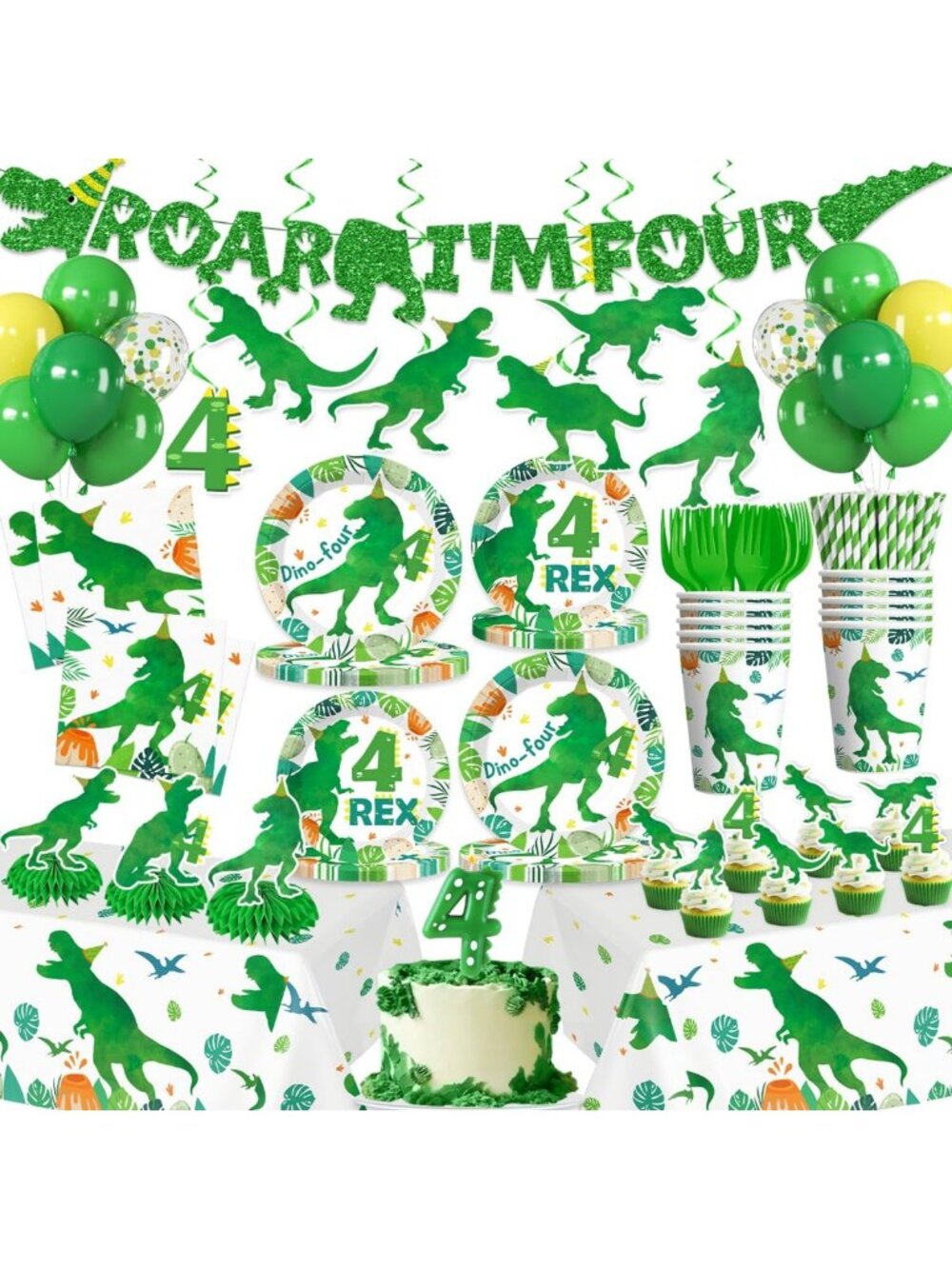 Dinosaur Party Decorations Set - 203 Pcs Tableware for 25 Guests, Fun & Colorful